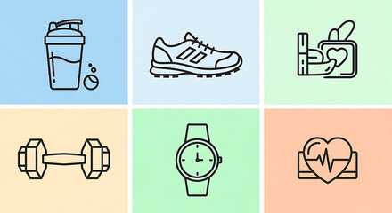A modern set of line art icons depicting various aspects of a healthy lifestyle, including exercise, nutrition, and wellness monitoring symbols