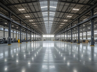 Modern Warehouse Interior: An expansive, well-lit warehouse interior showcasing industrial architecture and vast open space with polished concrete floors and rows of pillars.