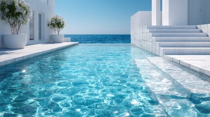 Obraz premium Sparkling Blue Swimming Pool with White Architecture and Ocean View on Sunny Day
