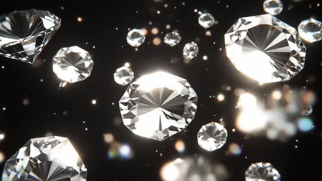 Sparkling diamonds float gracefully in a dark space, reflecting light and creating an elegant display of brilliance