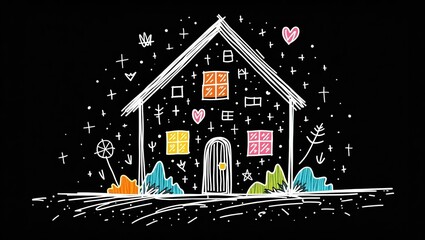 Whimsical house illustration with colorful windows and garden elements  