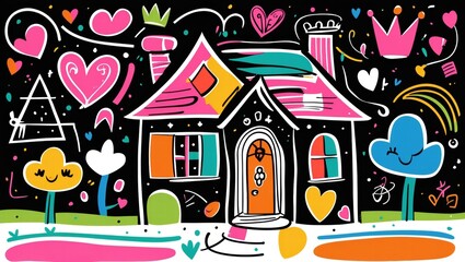 Colorful doodle house design with hearts and trees on black background  