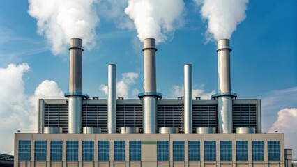 Industrial facility with tall smokestacks emitting steam against a blue sky and clouds.