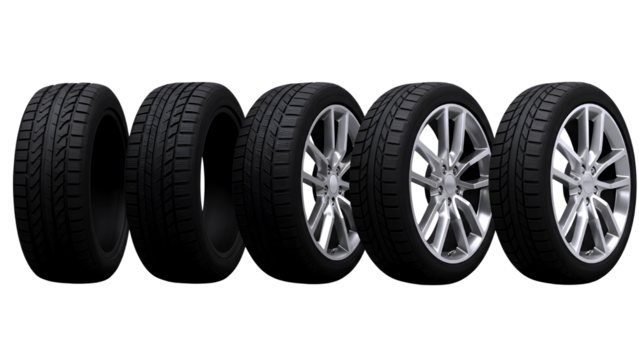 Set of five car tires and wheels in a row isolated on transparent background
