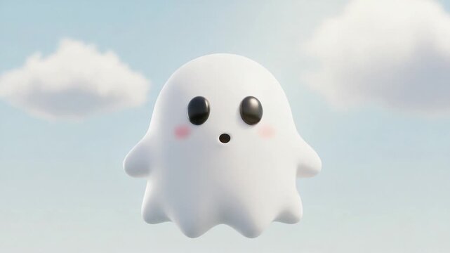 A cheerful and playful animated ghost character floating in a bright sky, surrounded by fluffy clouds, exuding a friendly and whimsical charm that delights all ages.