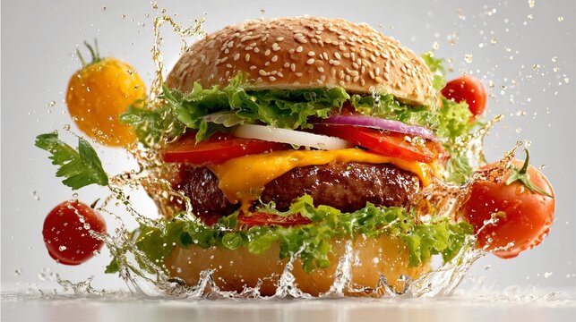 Juicy hamburger with flying ingredients and splashing water, dynamic food photography on white background, high detail and vibrant composition