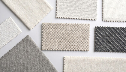Fototapeta premium An assortment of textured fabric swatches in neutral tones, showcasing a variety of weaving patterns and material finishes