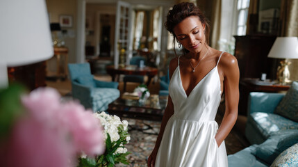 Fototapeta premium The image showcases a bride in a stunning white gown and elegant surroundings, beautifully highlighting bridal fashion aesthetics, creating a serene and romantic atmosphere.
