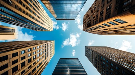 Obraz premium Looking up at tall modern skyscrapers against a blue sky