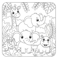Charming woodland safari coloring page featuring adorable baby animals giraffe elephant hippo bunny cute line art for kids and creative projects isolated on white background Vector Illustration