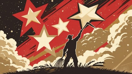Farmer silhouetted against stars in a retro-style landscape 