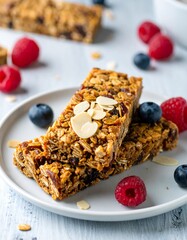 Healthy granola bars topped with almonds and berries