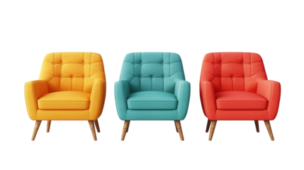 Vibrant armchairs in yellow, turquoise, and coral add modern charm to any space
