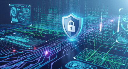Digital security shield protecting data privacy on a futuristic cyber network