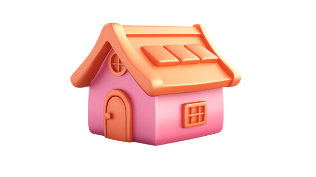 Charming 3D cartoon house with pink walls and orange roof, perfect for whimsical design - Powered by Adobe