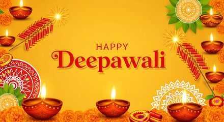 Naklejka premium Happy Deepawali: Festive Golden Background with Diyas and Fireworks