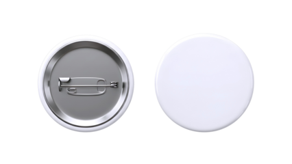 Two blank oval pin badges one showing the metal back with pin and the other the white front isolated on transparent background