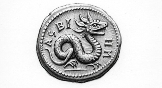 Silver coin featuring dragon symbol engraved with ancient text  
