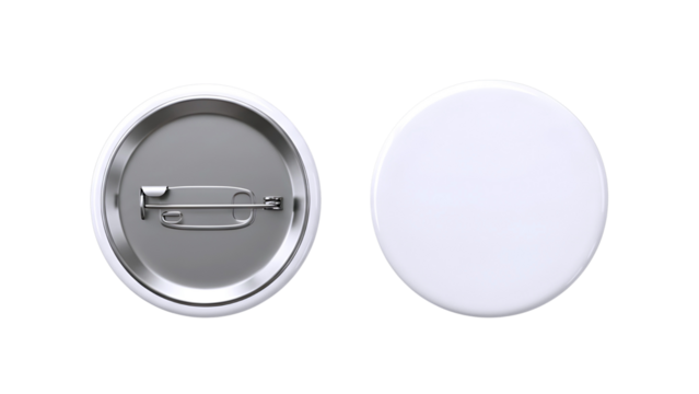 Two blank oval pin badges one showing the metal back with pin and the other the white front isolated on transparent background