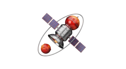 A stylized illustration of a spacecraft carrying apples in orbit, with solar panels.
