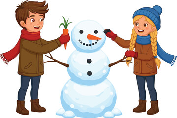 Winter children building snowman, happy kids outdoor play, holiday fun, snow activity, family bonding, seasonal joy, childhood memories, festive scene