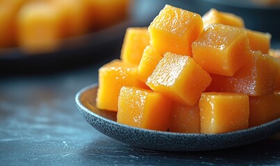 Close-up of cubed, golden-orange food on a small, dark gray bowl