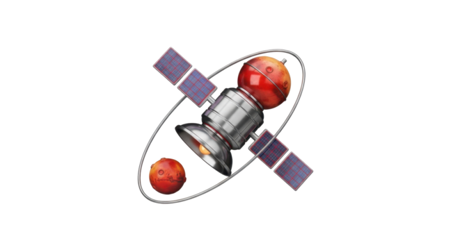 A stylized illustration of a spacecraft carrying apples in orbit, with solar panels.
