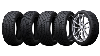 Set of five car tires with different tread patterns and one alloy wheel isolated on transparent background