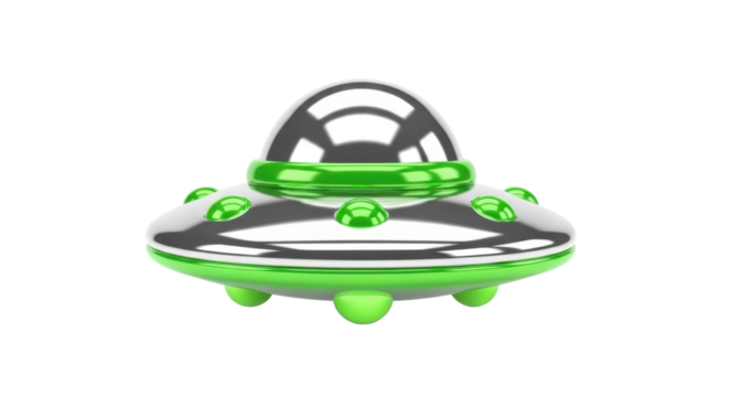 Shiny, stylized, green and silver flying saucer against a white background.