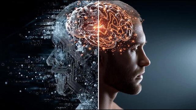 Nootropic. Cognitive performance. Brain enhancement. Smart drugs. Supplements. Neurotechnology. A profile of a man with a digital brain illustration.