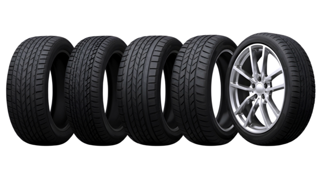Set of five car tires with different tread patterns and one alloy wheel isolated on transparent background