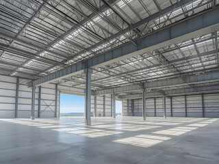 Spacious Industrial Warehouse: A large, open industrial warehouse interior, defined by high ceilings and an expansive concrete floor. The natural light streams through the open doorway.