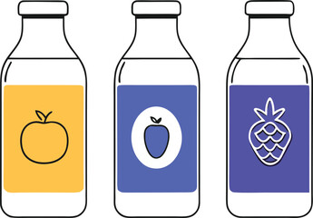 Three Bottles Of Juice With Fruit Icons Apple Strawberry Raspberry Yellow Keywords: juice bottles