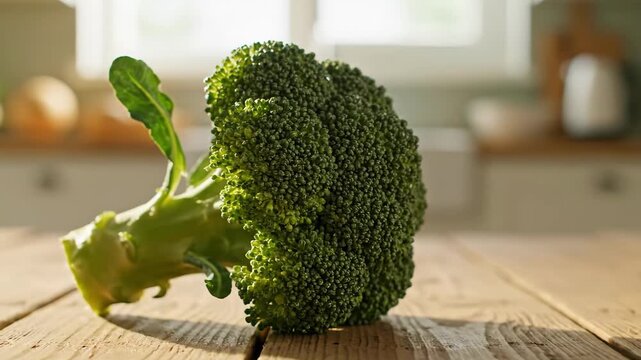 Fresh Broccoli on Rustic Wooden Table - A single head of fresh green broccoli sits on a rustic wooden table, bathed in the warm morning sunlight.