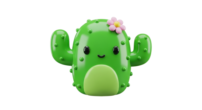 Adorable cartoon cactus figurine with a pink flower, cheerful expression, and glossy finish.