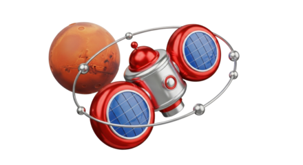Red and silver satellite orbiting Mars, futuristic space exploration concept.