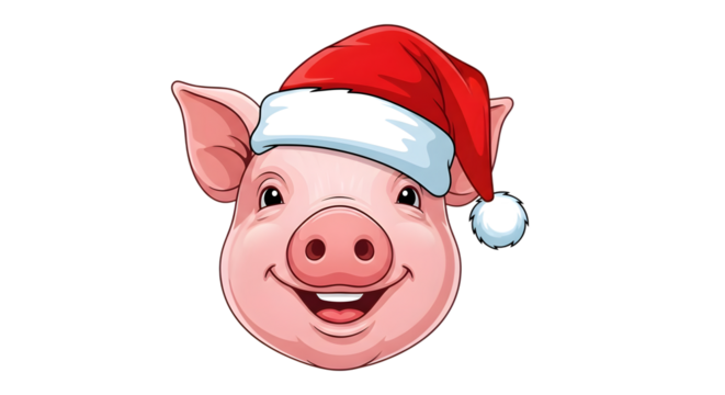 A happy cartoon pig wearing a santa hat isolated on transparent background - Powered by Adobe