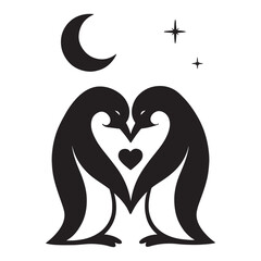 Fototapeta premium Penguin Couple Silhouette Heart Pose with Moon and Stars