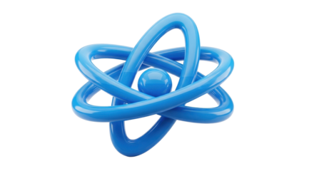 Stylized 3D model of an atom, blue, science, energy, physics.
