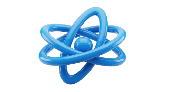 Stylized 3D model of an atom, blue, science, energy, physics.