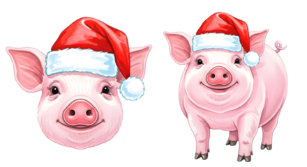 Two cute cartoon pigs wearing santa hats, one headshot and one full body, isolated on transparent background