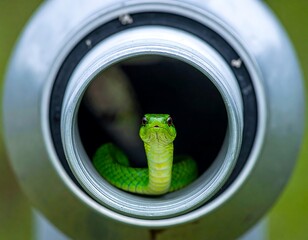 Green snake in metal tube