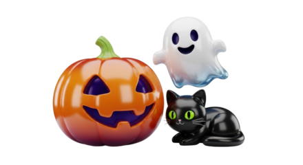 Smiling jack-o'-lantern, friendly ghost, and black cat; classic Halloween trio.
