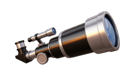 A sleek refracting telescope, isolated on white, ready for stargazing.