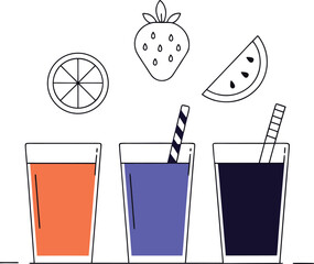 Three Glasses of Juice with Fruit Slices and Straws drinks beverages