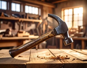 Hammer on a wooden workbench in a bright workshop
