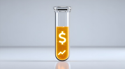 A bright dollar sign glowing inside an orange liquid test tube with an upward chart, symbolizing profit, growth, and experimental business innovation.