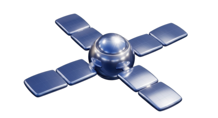 Metallic satellite model, four panels, central sphere, reflective surface, isolated white background.