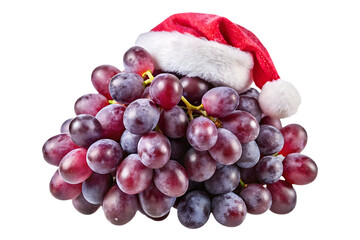 Red grapes cluster topped with red Santa hat having white fur trim, isolated on a transparent background