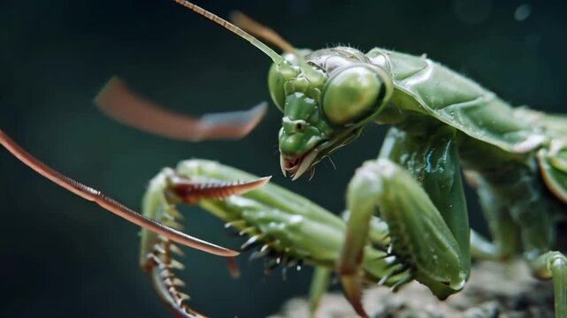 Detailed macro photography capturing the intimidating stare and sharp raptorial legs of a vibrant green praying mantis